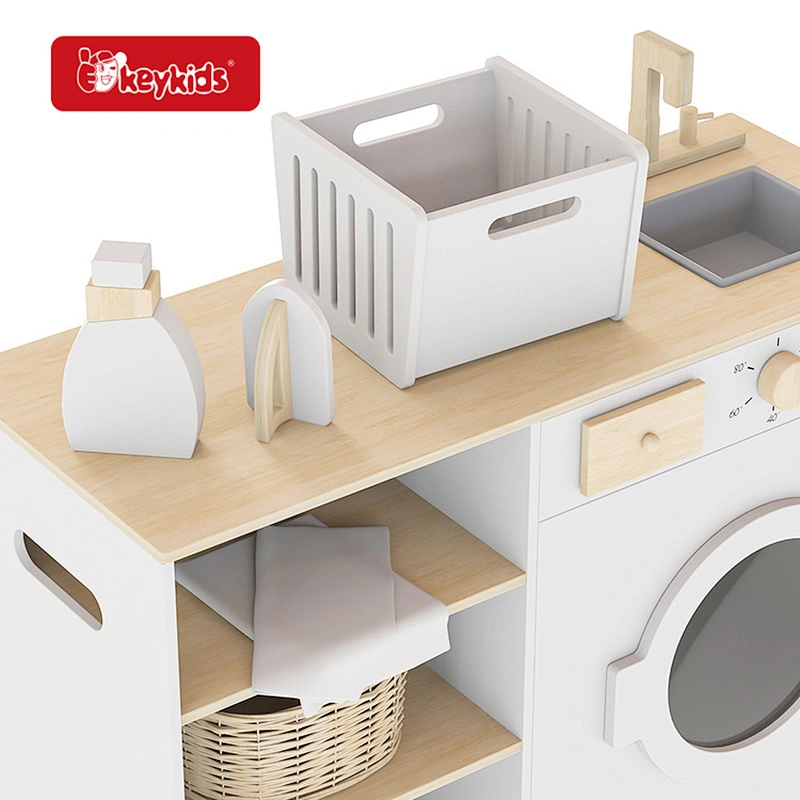 Kids pretend play washing playsets wooden laundry toy with ironing and basket W10D786