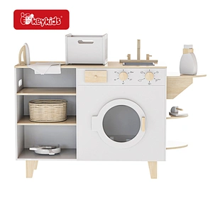 Kids pretend play washing playsets wooden laundry toy with ironing and basket W10D786