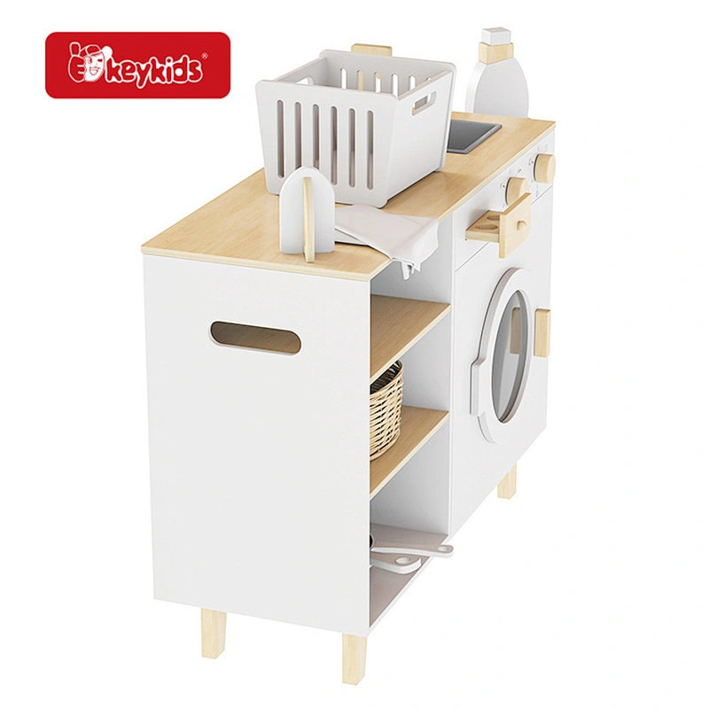 Kids pretend play washing playsets wooden laundry toy with ironing and basket W10D786